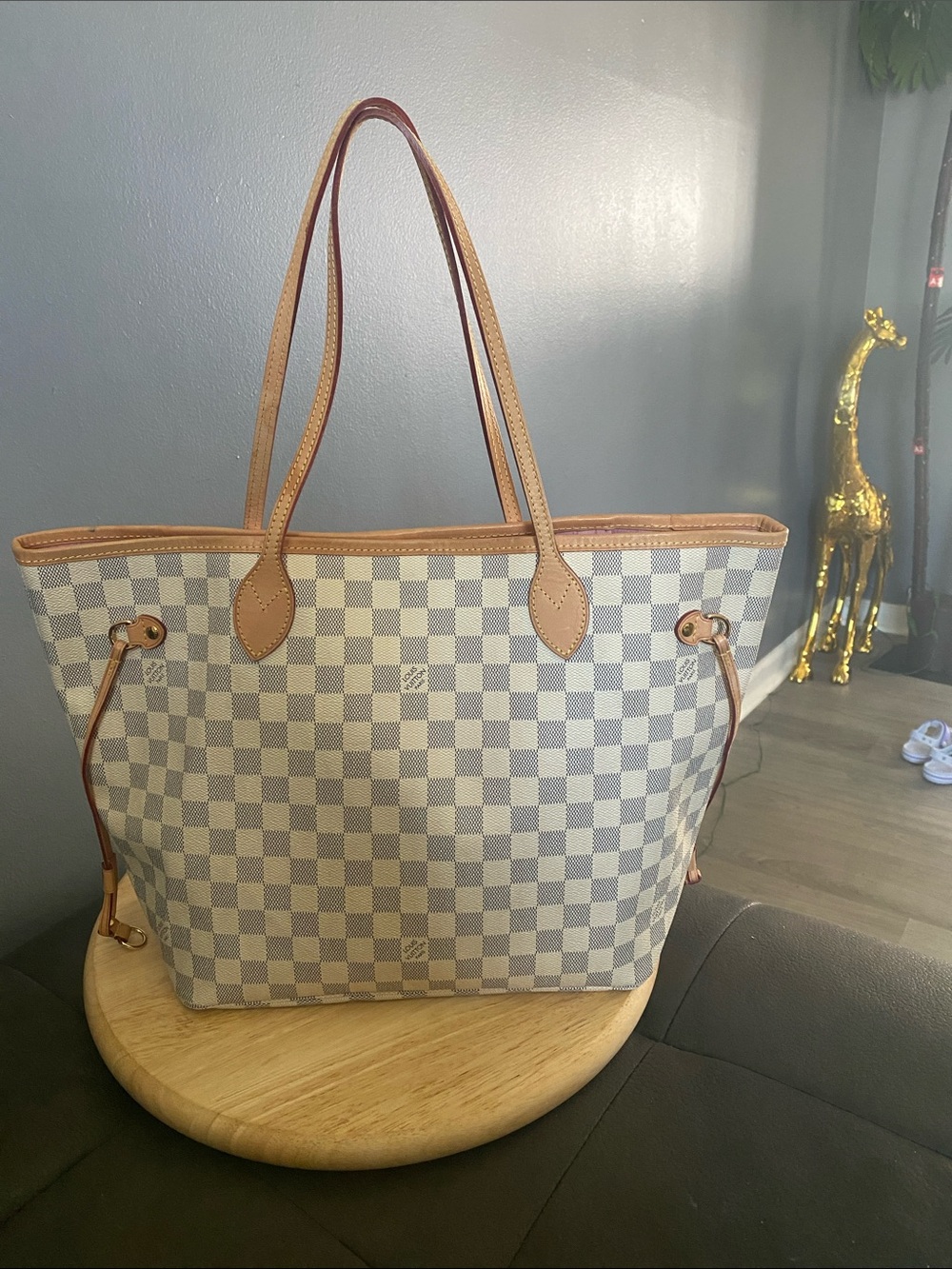 Louis Vuitton Damier Azur Canvas Tote with Tan Leather Trim